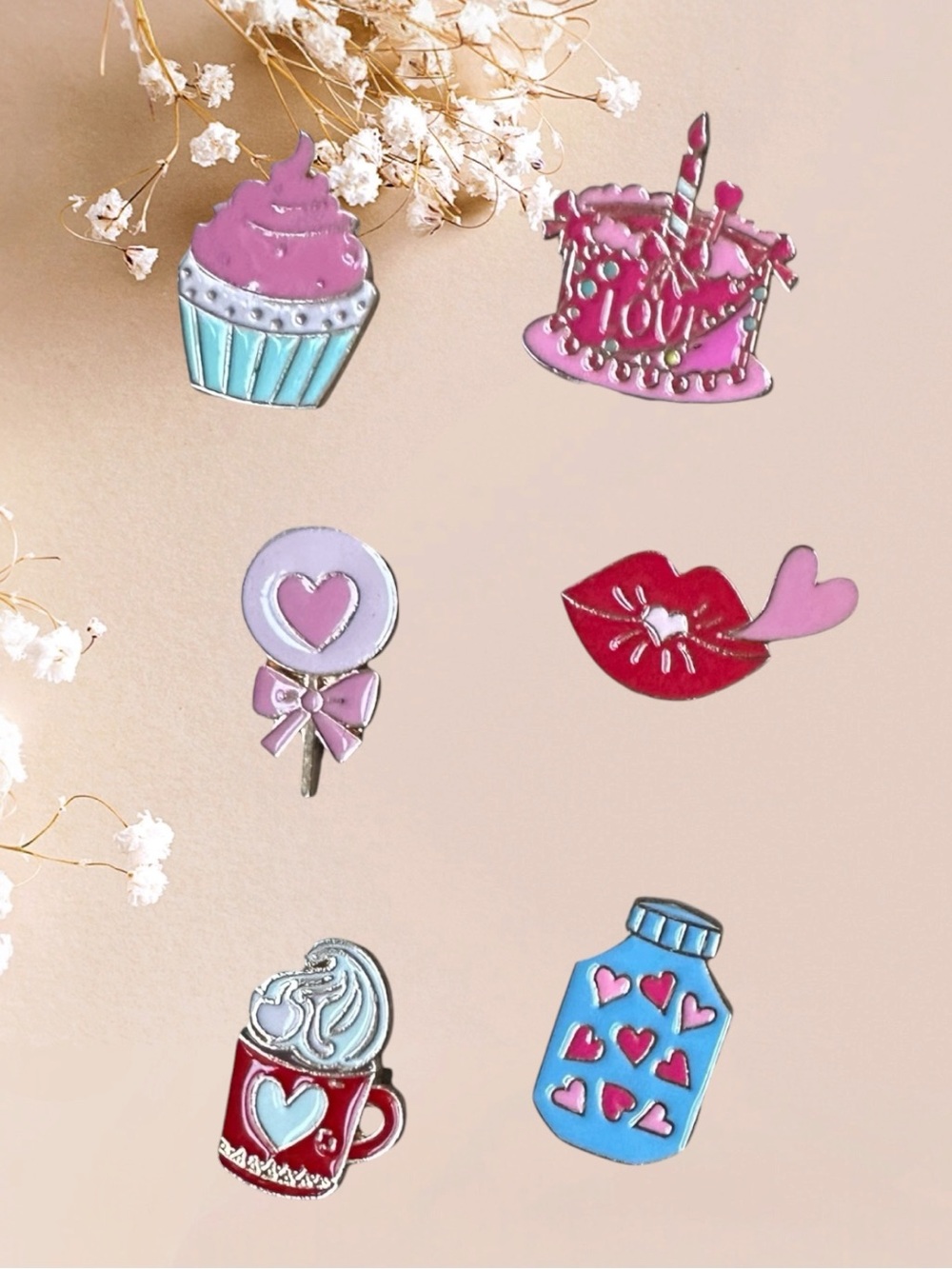 Set of 6 Kawaii Valentine’s Day Enamel Pins – Sweet Treats & Hearts